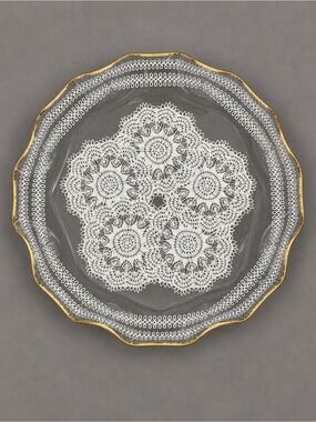 Crystal Clear Industries White Lace Gold Trim Scalloped Glass Cake Plate
